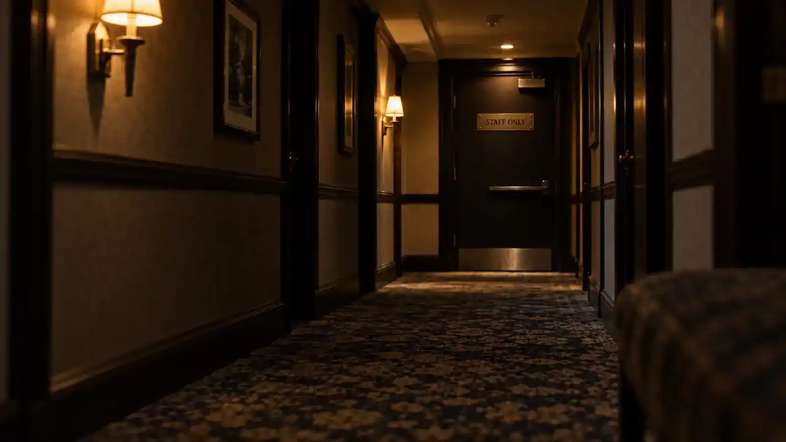 An empty, warmly lit hotel corridor leads to a closed dark service door with a brass STAFF ONLY plaque.
